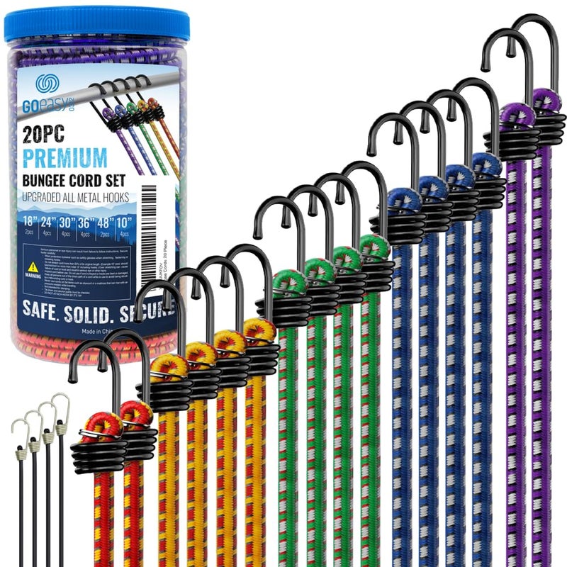 GOEASY0312 Premium Bungee Cords Heavy Duty - 20 pcs Bungee Cords with Hooks in A Storage Jar Includes 10", 18", 24", 30", 36", 48" Bungie Cord Bundle - Image 1